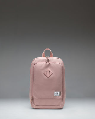 Herschel Heritage Shoe Bag in Ash Rose pink, featuring a main zipper closure, a convenient side handle, and the classic Herschel woven label.