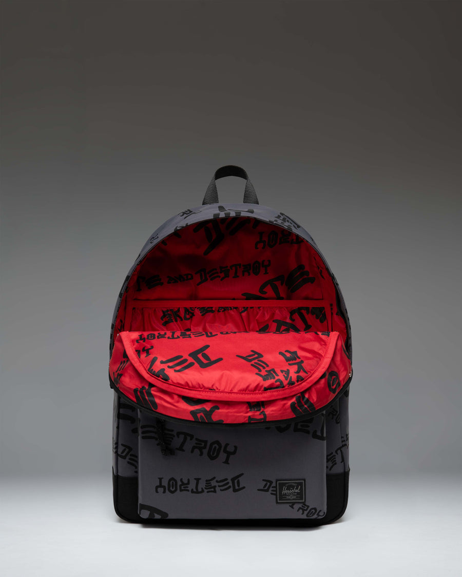 Herschel Supply Co. Thrasher Classic XL Backpack in Asphalt/Black Destroy nylon, showcasing the spacious design and collaborative details.