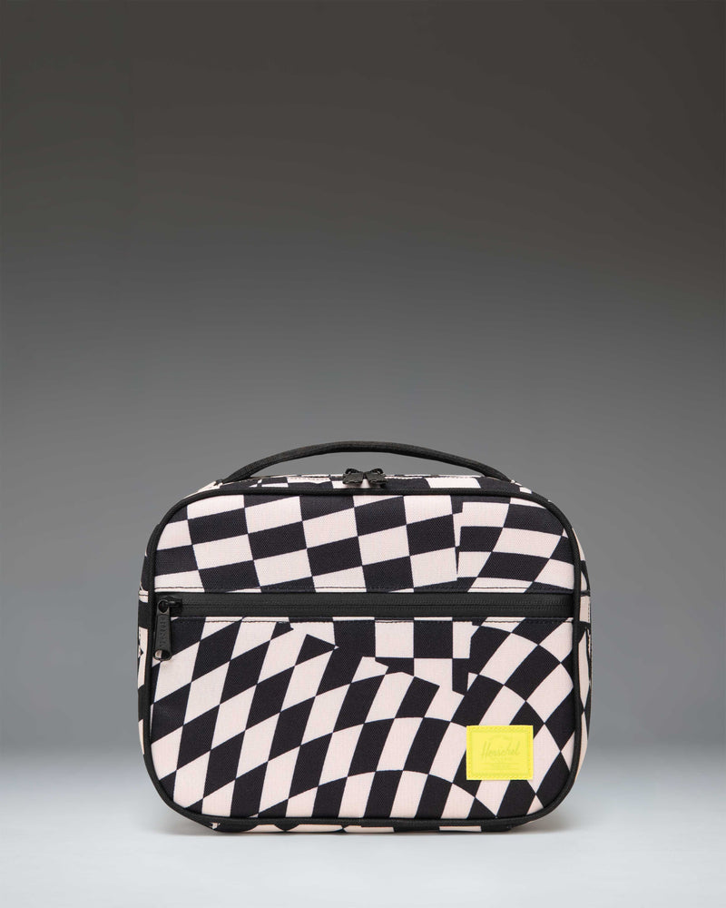 Herschel Supply Co. Pop Quiz Lunch Box Little Herschel in Warp Check pattern, a structured lunch bag with a front zipper pocket.