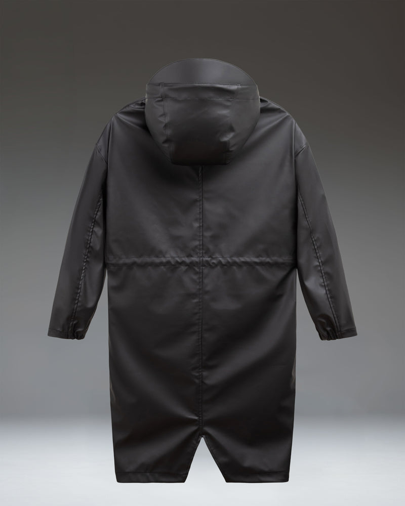 Herschel Supply Co. Skeena Rain Jacket in Black, featuring a long, relaxed fit with an adjustable hood and waist cinch for weather protection.
