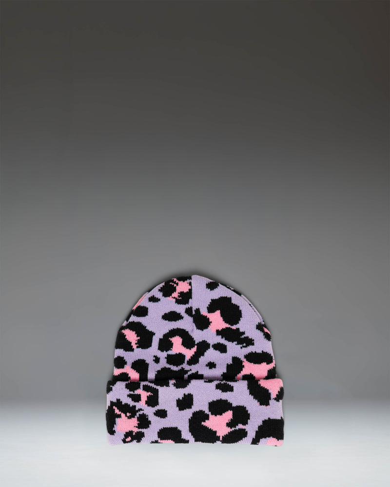 Herschel Supply Co. Elmer Kids Graphic Beanie in Scribble Leopard Sachet Pink, featuring a pink leopard print pattern and a folded cuff.