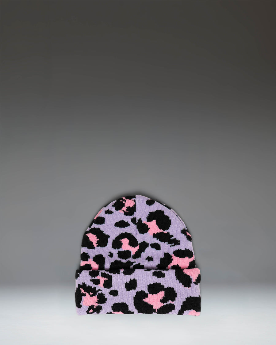 Herschel Supply Co. Elmer Kids Graphic Beanie in Scribble Leopard Sachet Pink, featuring a pink leopard print pattern and a folded cuff.