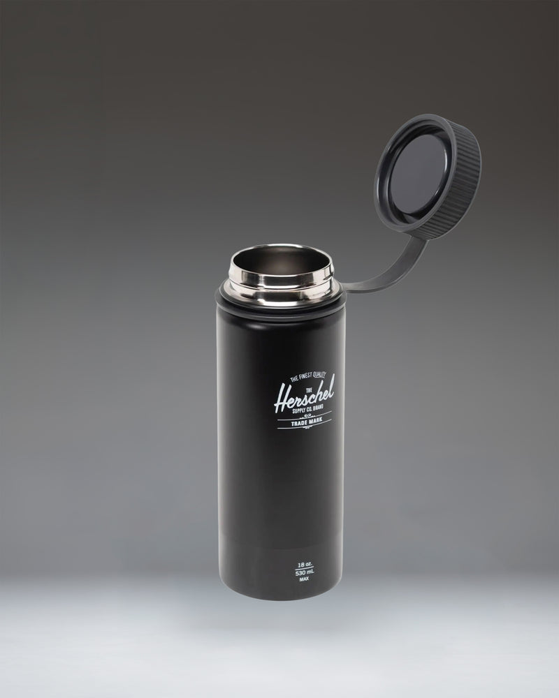 Herschel Supply Co. 18oz insulated water bottle in glossy black, featuring a sleek design with a secure screw-top lid.