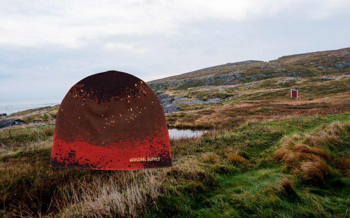 Herschel Supply Co Skullcap Graphic beanie in Pixel Spray Downtown Brown.
